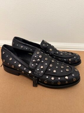 Napoleoni Women’s Studded Black Leather Loafers Size 40 Made In Italy